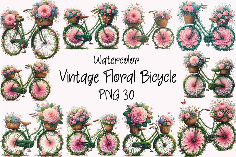 Floral Bicycle Vintage Clipart Bundle - CraftNest - Digital Crafting and Art