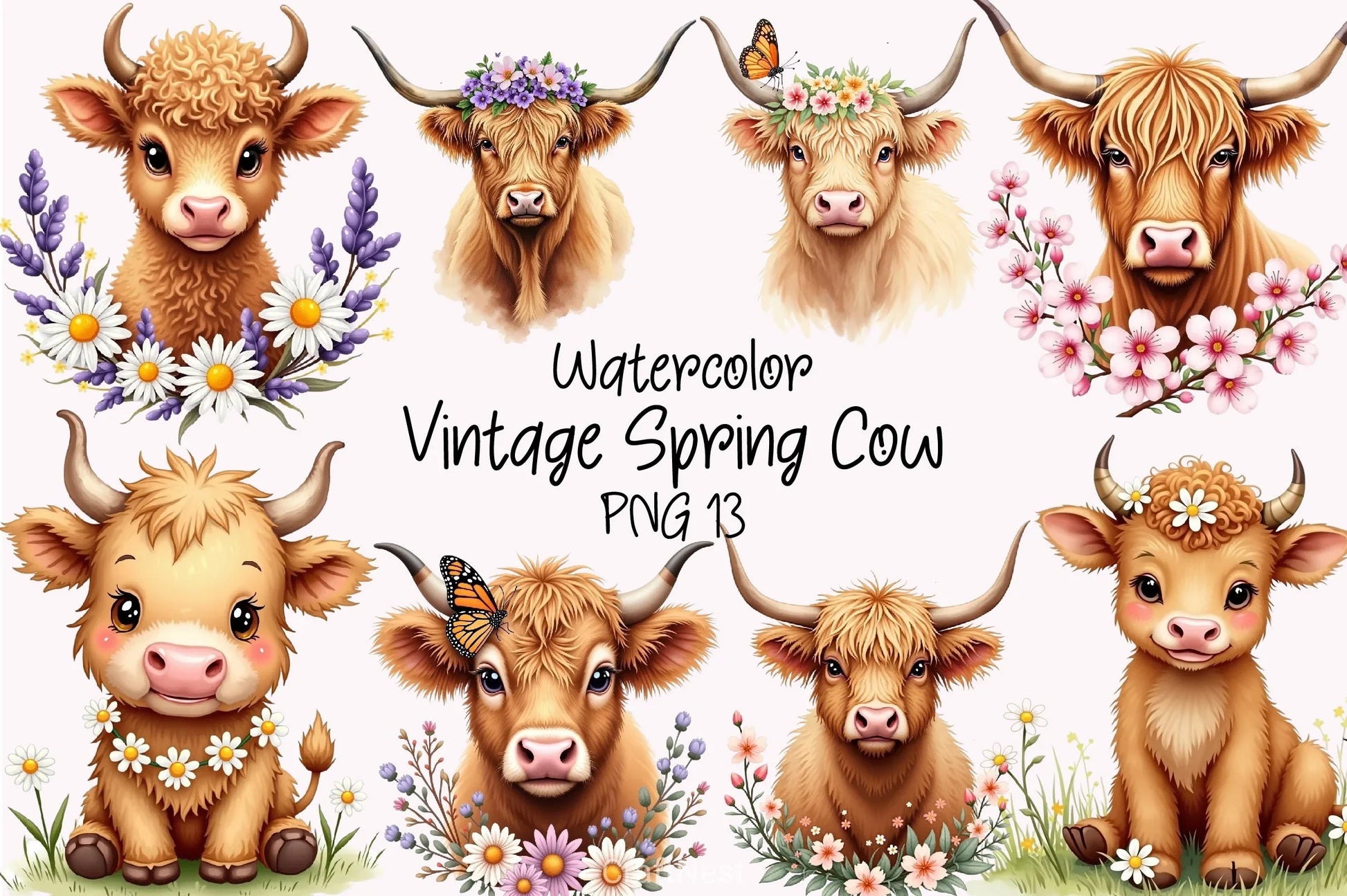 Vintage Spring Cow Clipart Bundle - CraftNest - Digital Crafting and Art