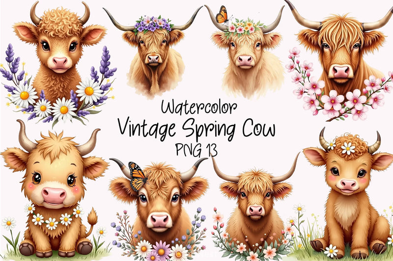 Vintage Spring Cow Clipart Bundle - CraftNest - Digital Crafting and Art