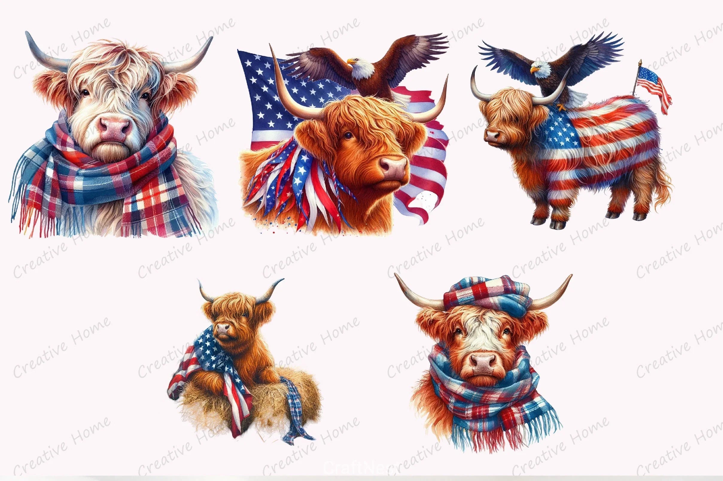 Patriotic Highland Cow Clipart Bundle 5 - CraftNest - Digital Crafting and Art