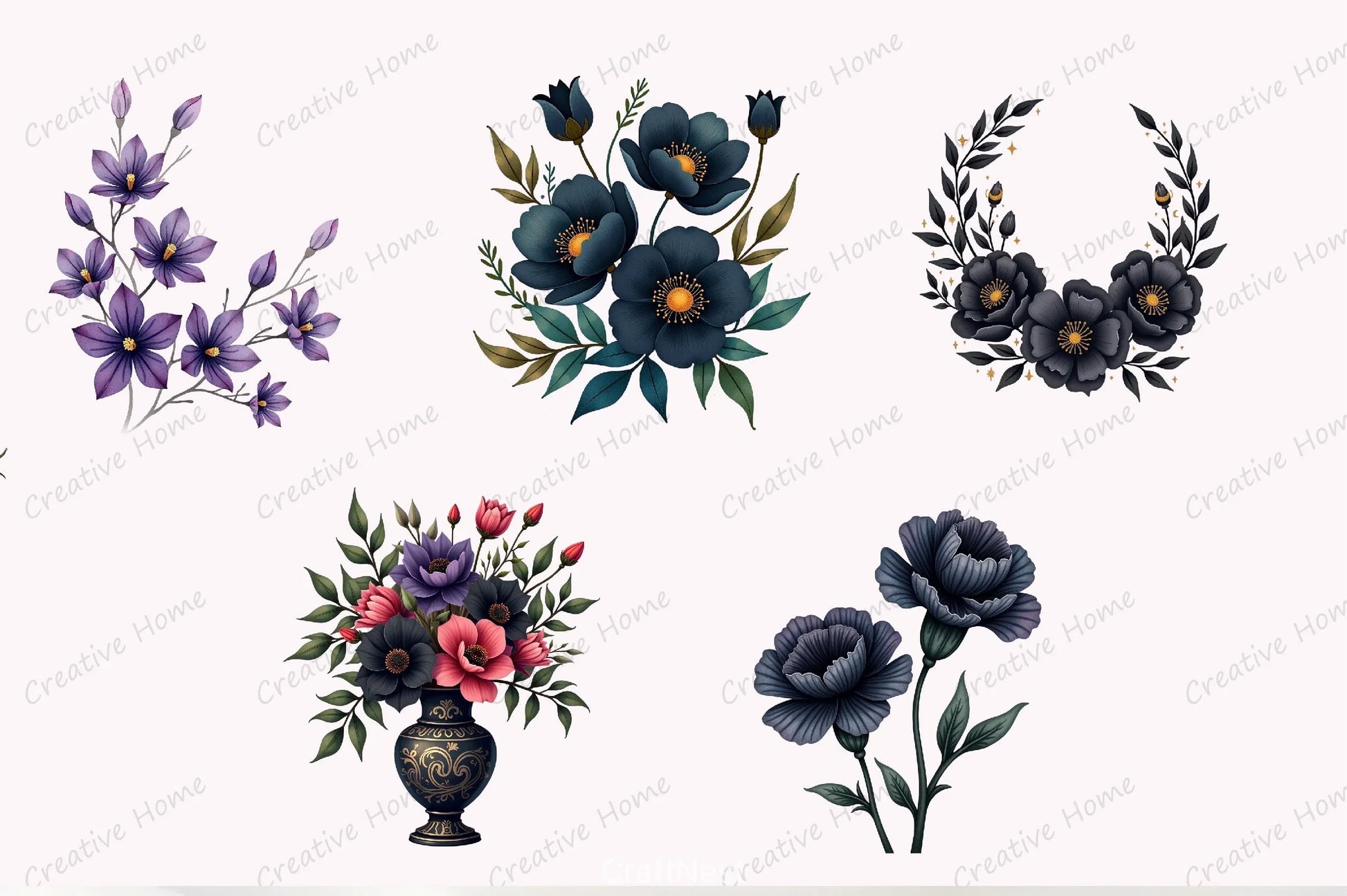 Black Bloom Floral Clipart Bundle - CraftNest - Digital Crafting and Art