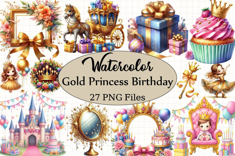 Gold Princess Birthday Clipart Bundle - CraftNest - Digital Crafting and Art