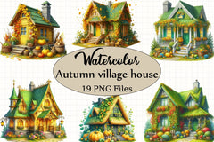 Yellow Green Autumn Village House Clipart Bundle - CraftNest - Digital Crafting and Art