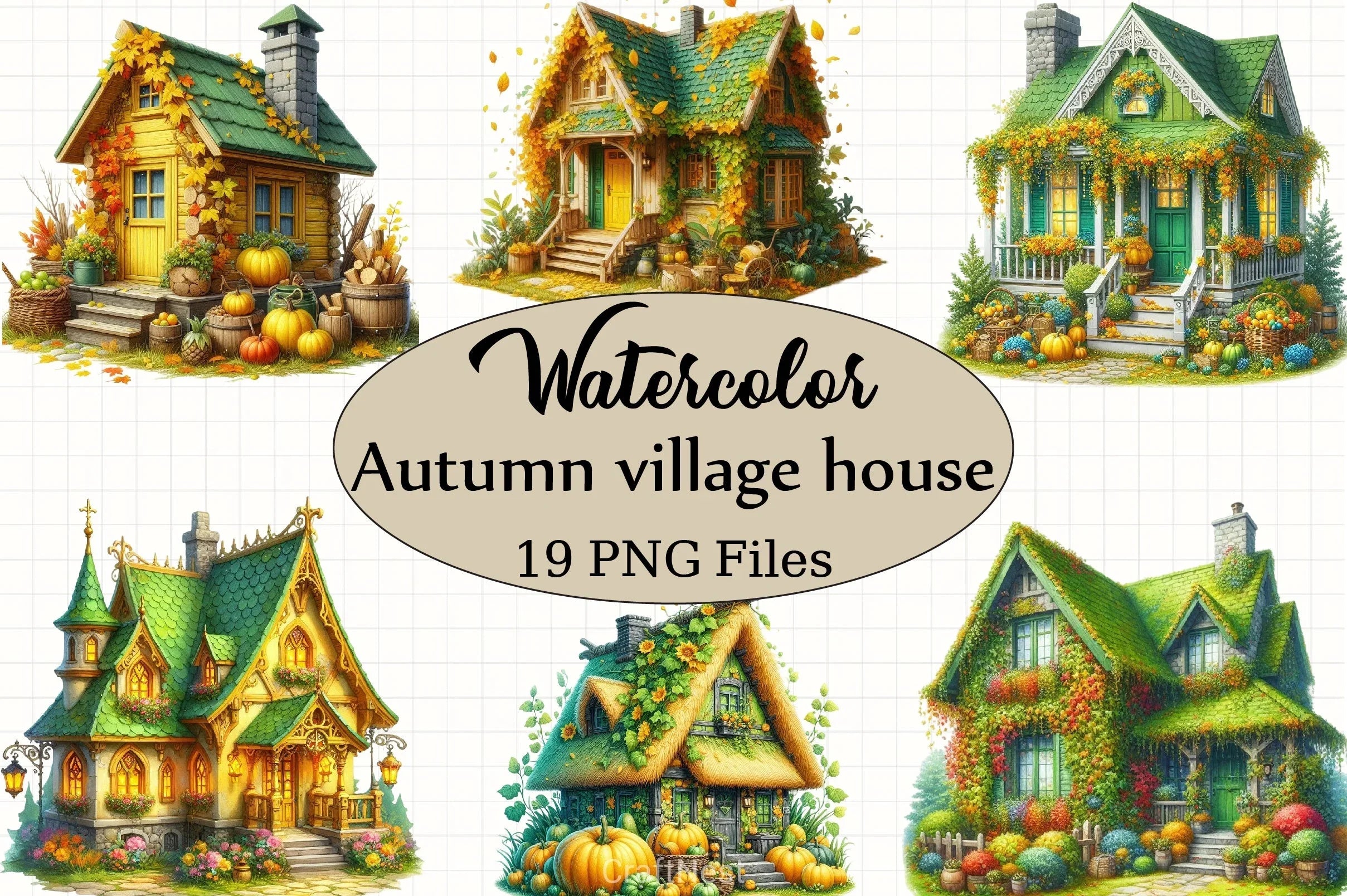 Yellow Green Autumn Village House Clipart Bundle - CraftNest - Digital Crafting and Art