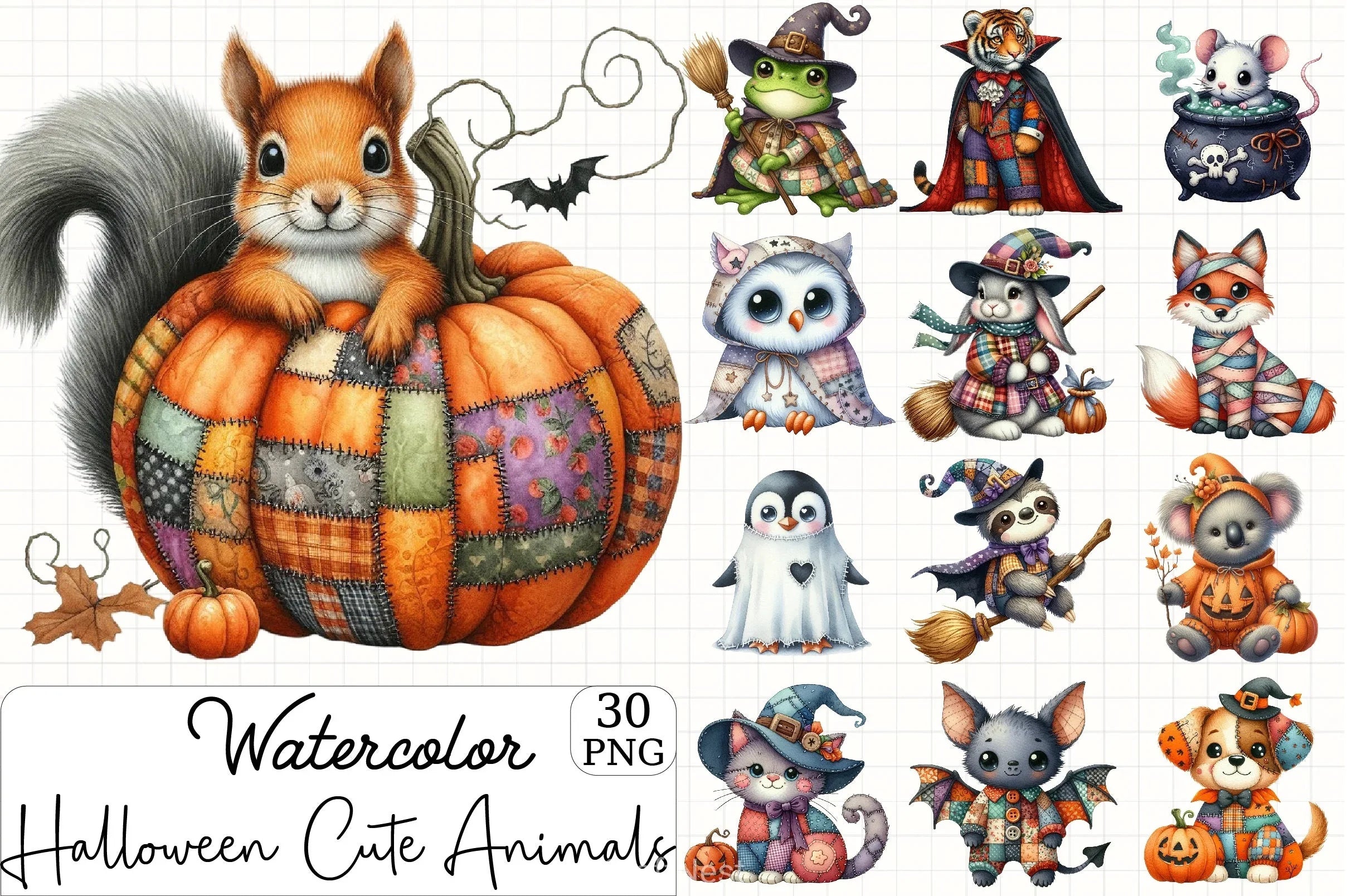 Patchwork Halloween Animals Clipart Bundle - CraftNest - Digital Crafting and Art