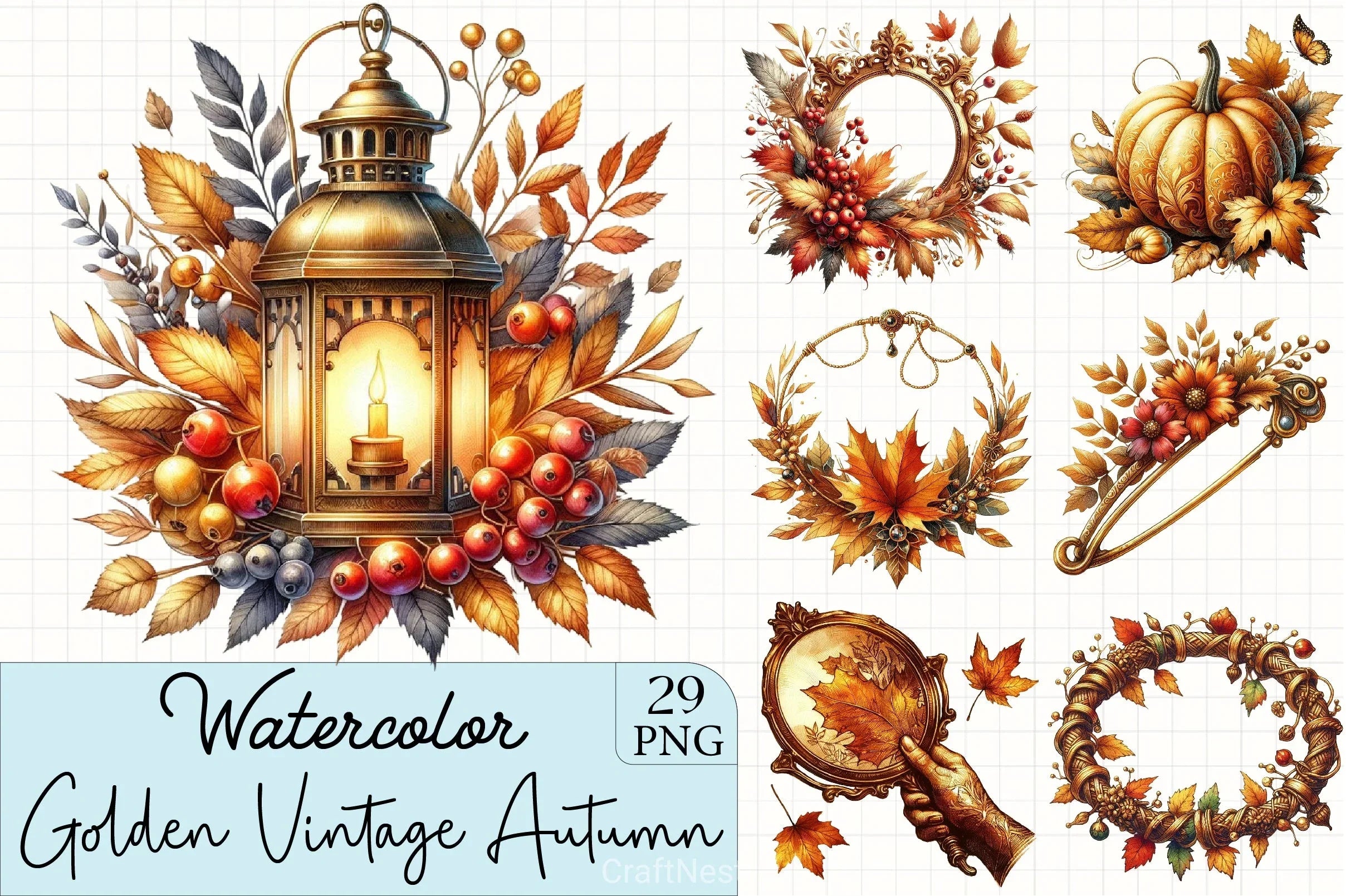 Golden Vintage Autumn Clipart Bundle - CraftNest - Digital Crafting and Art