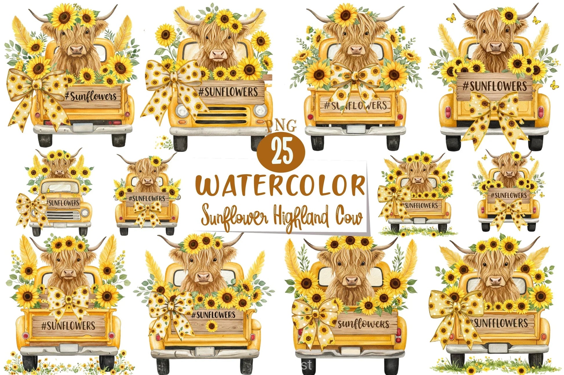 Sunflower Highland Cow Clipart Bundle 1 - CraftNest - Digital Crafting and Art