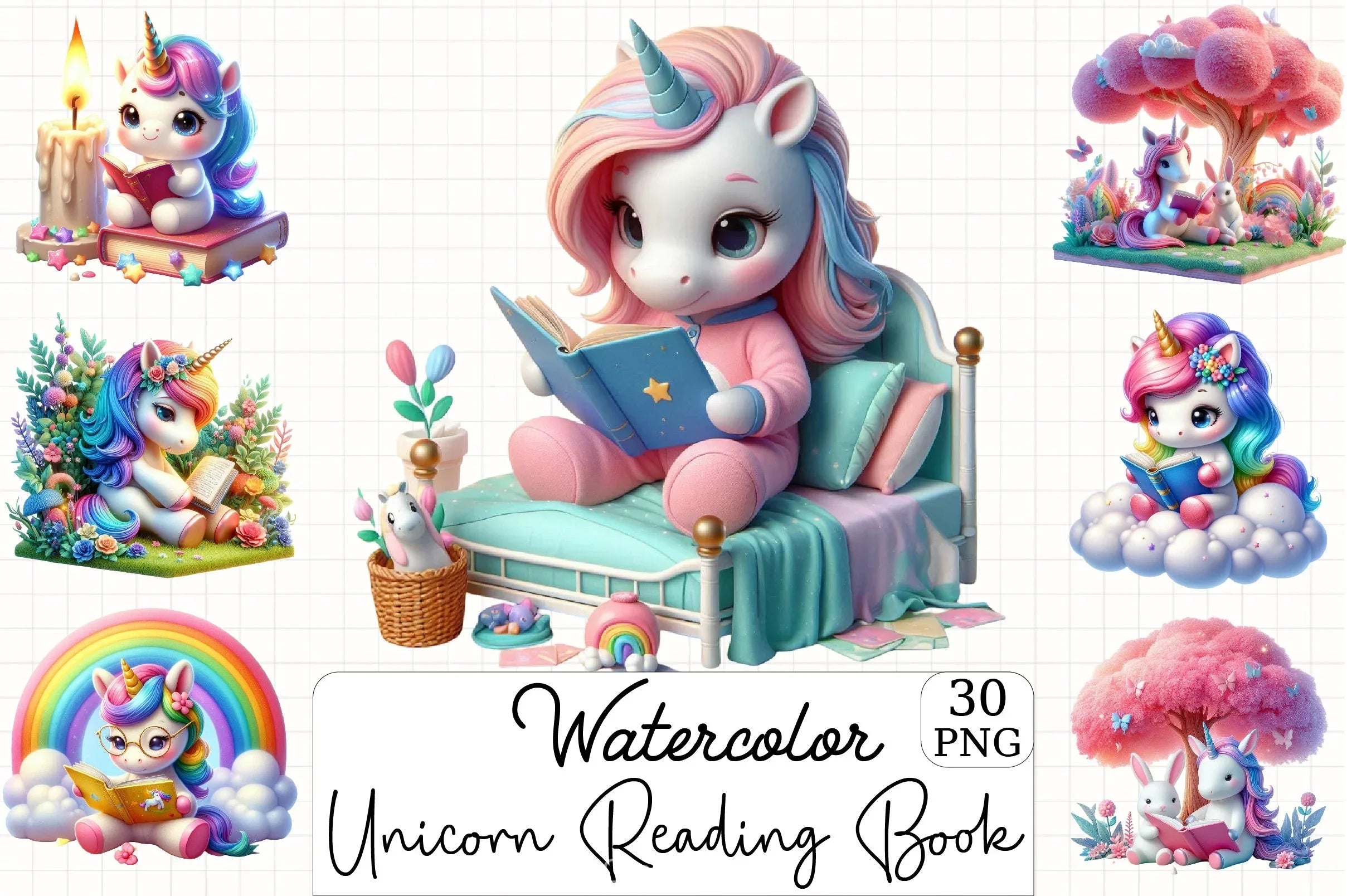 Cute Unicorn Reading Clipart Bundle - CraftNest - Digital Crafting and Art