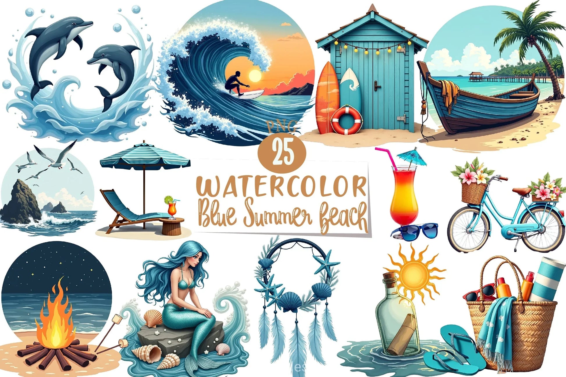 Blue Summer Beach Clipart Bundle - CraftNest - Digital Crafting and Art
