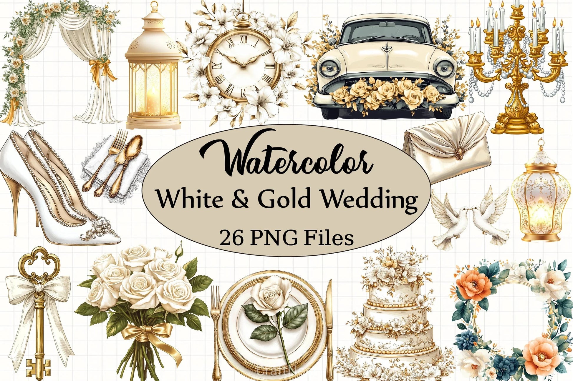 White & Gold Wedding Clipart Bundle - CraftNest - Digital Crafting and Art
