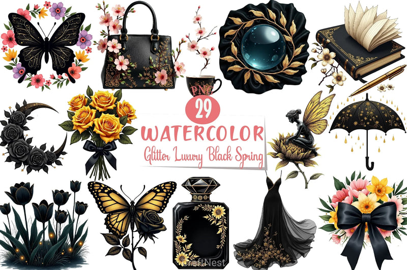 Glitter Luxury Black Spring Clipart Bundle 7 - CraftNest - Digital Crafting and Art