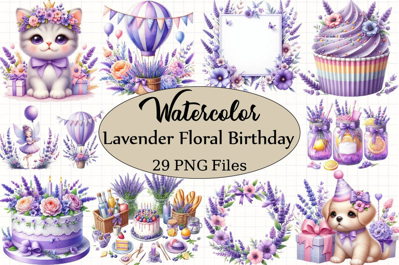 Lavender Floral Birthday Clipart Bundle - CraftNest - Digital Crafting and Art
