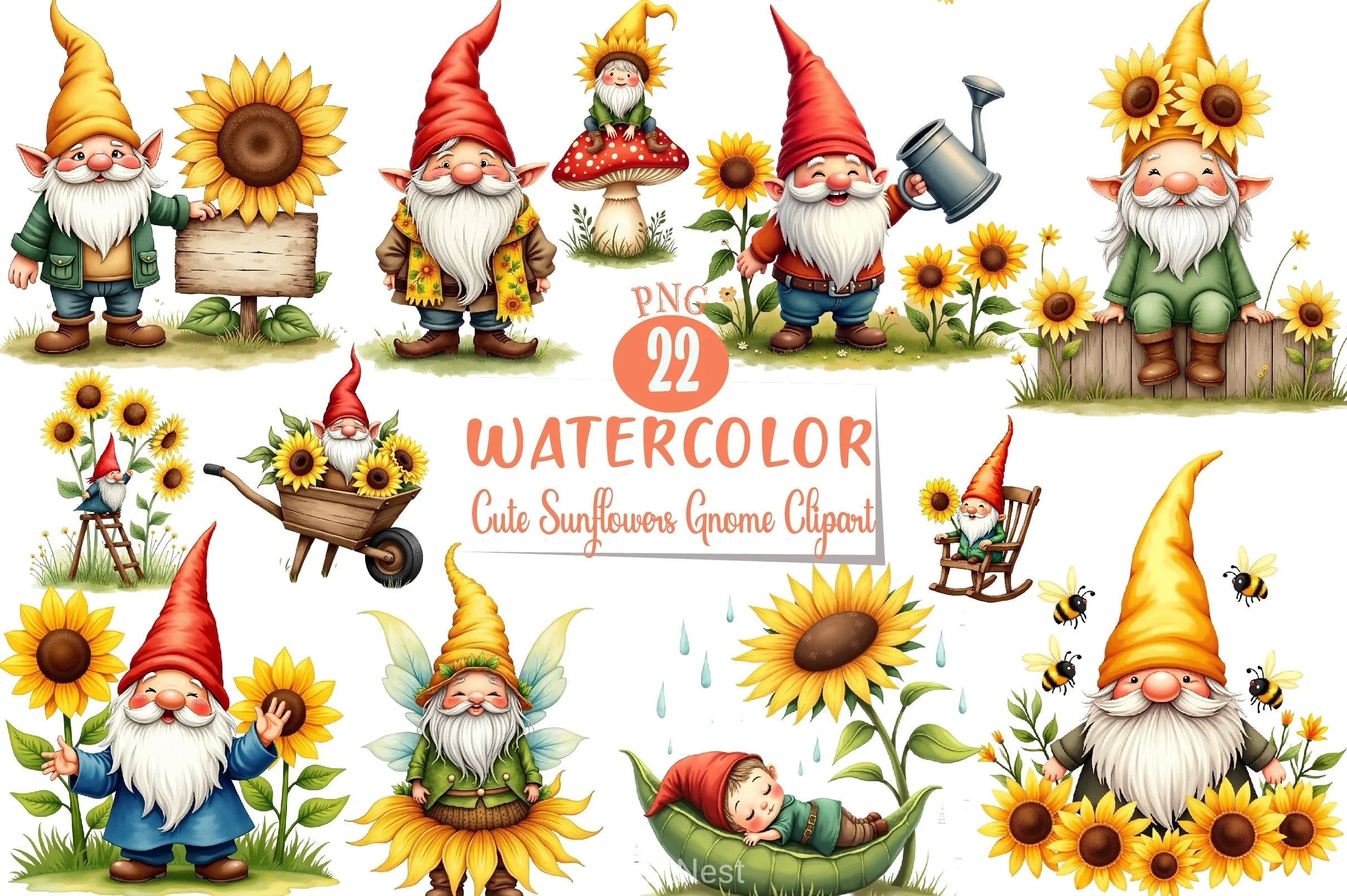 Cute Sunflowers Gnome Clipart Bundle - CraftNest - Digital Crafting and Art
