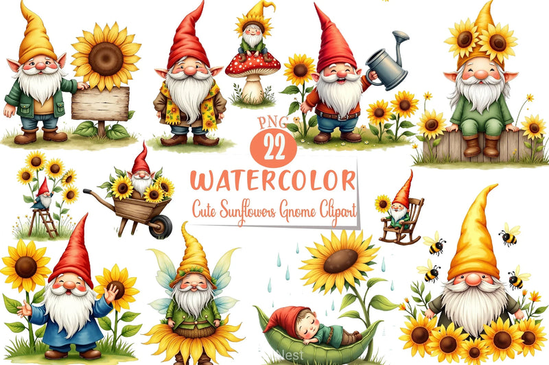 Cute Sunflowers Gnome Clipart Bundle - CraftNest - Digital Crafting and Art