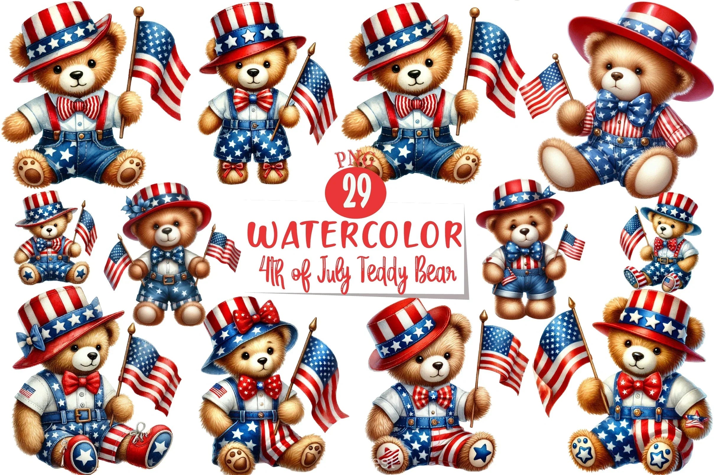 Patriotic 4th of July Teddy Bear Clipart Bundle 1 - CraftNest - Digital Crafting and Art