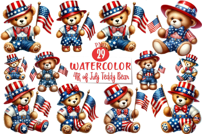 Patriotic 4th of July Teddy Bear Clipart Bundle 1 - CraftNest - Digital Crafting and Art