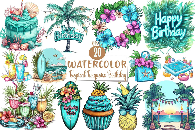 Tropical Turquoise Birthday Clipart Bundle 2 - CraftNest - Digital Crafting and Art