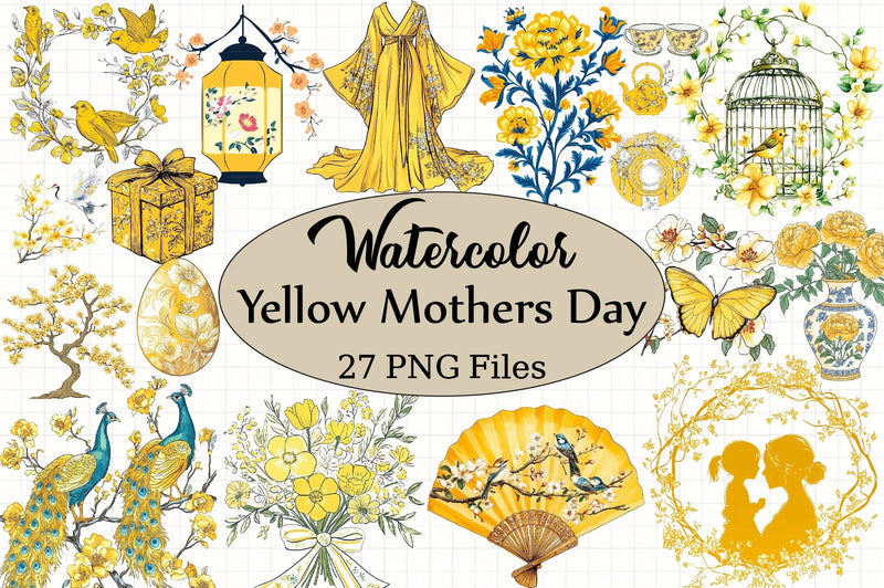 Yellow Chinoiserie Mother's Day Clipart Bundle - CraftNest - Digital Crafting and Art