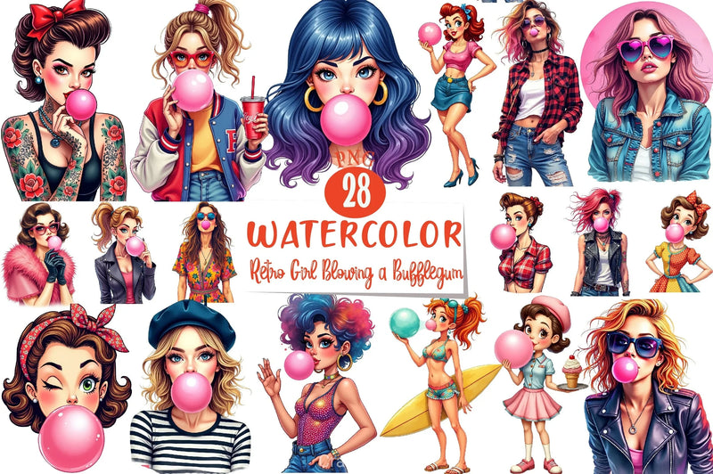 Retro Girl Bubblegum Clipart Bundle 34 - CraftNest - Digital Crafting and Art