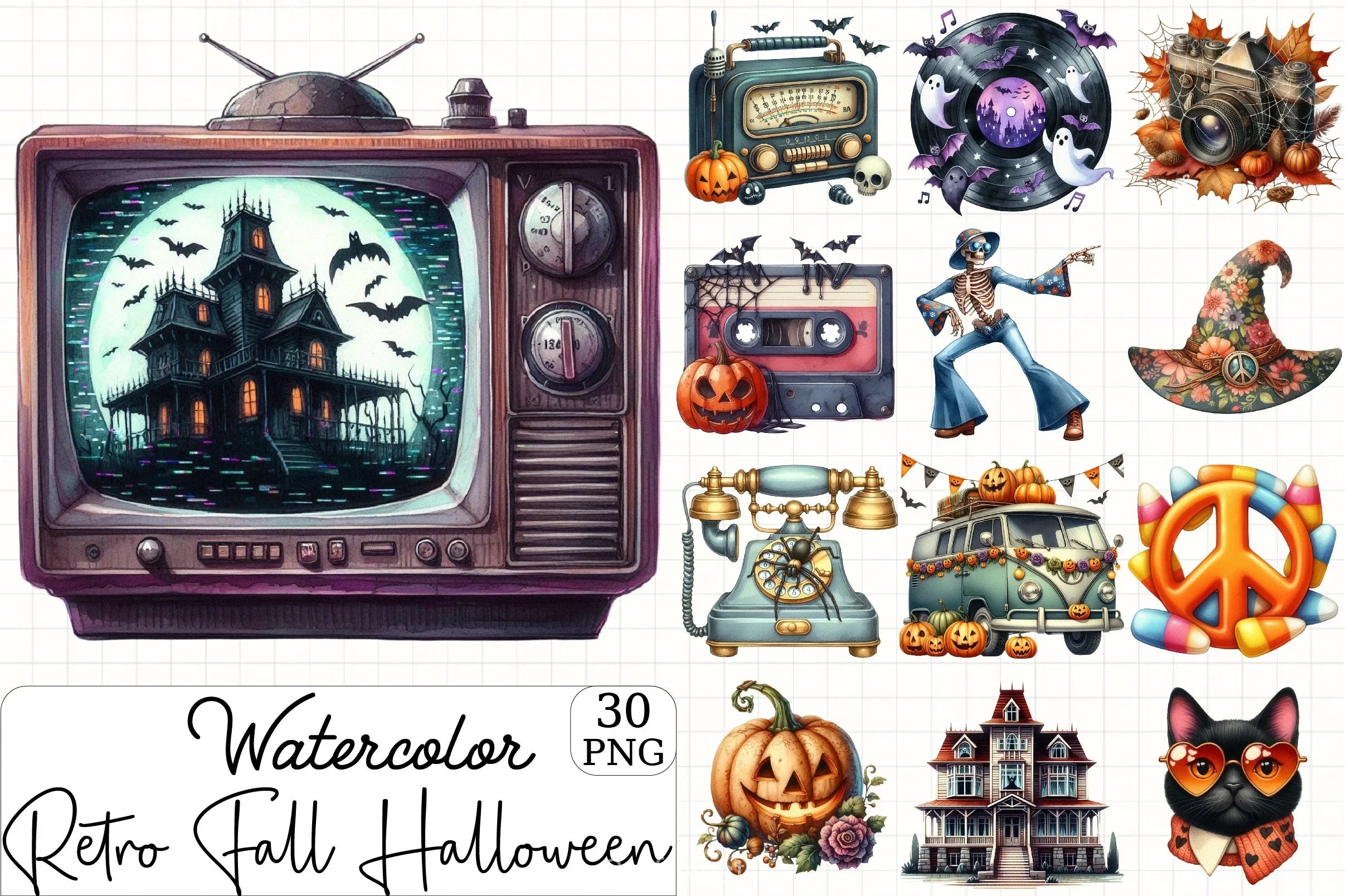 Retro Fall Halloween Clipart Bundle 1 - CraftNest - Digital Crafting and Art