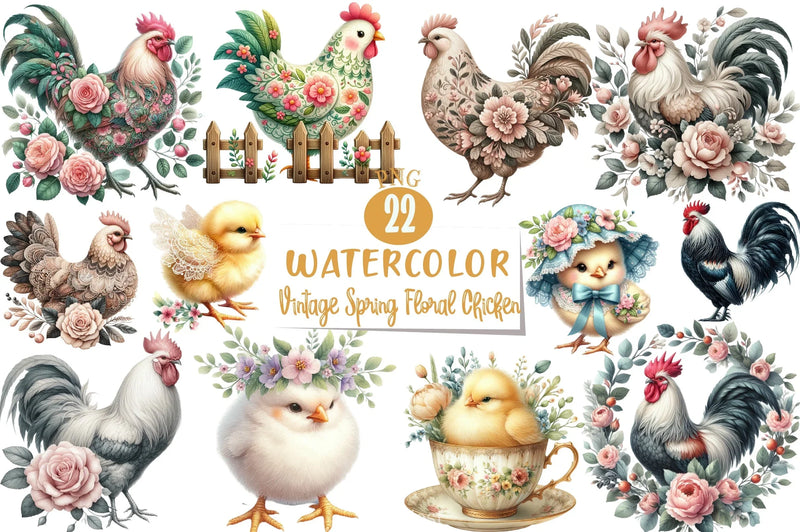 Vintage Spring Floral Chicken Clipart Bundle 3 - CraftNest - Digital Crafting and Art