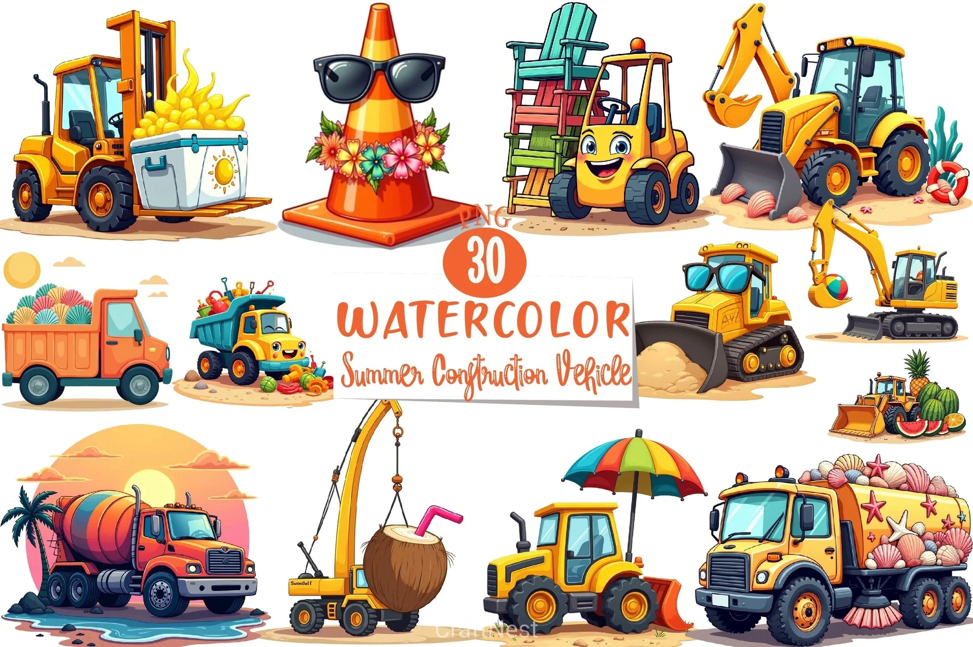 Summer Construction Vehicles Clipart Bundle - CraftNest - Digital Crafting and Art