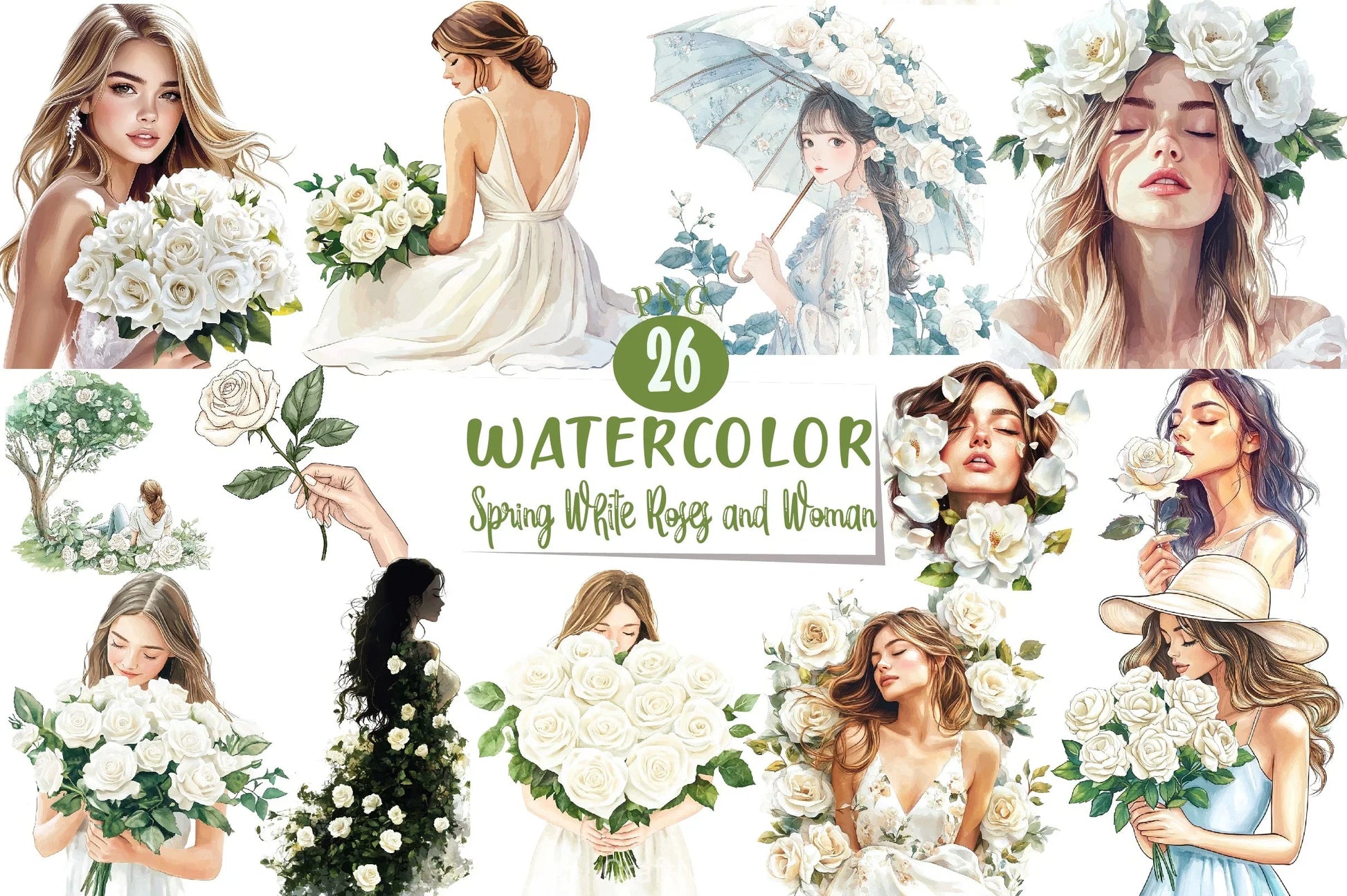 Spring White Roses & Woman Clipart Bundle - CraftNest - Digital Crafting and Art