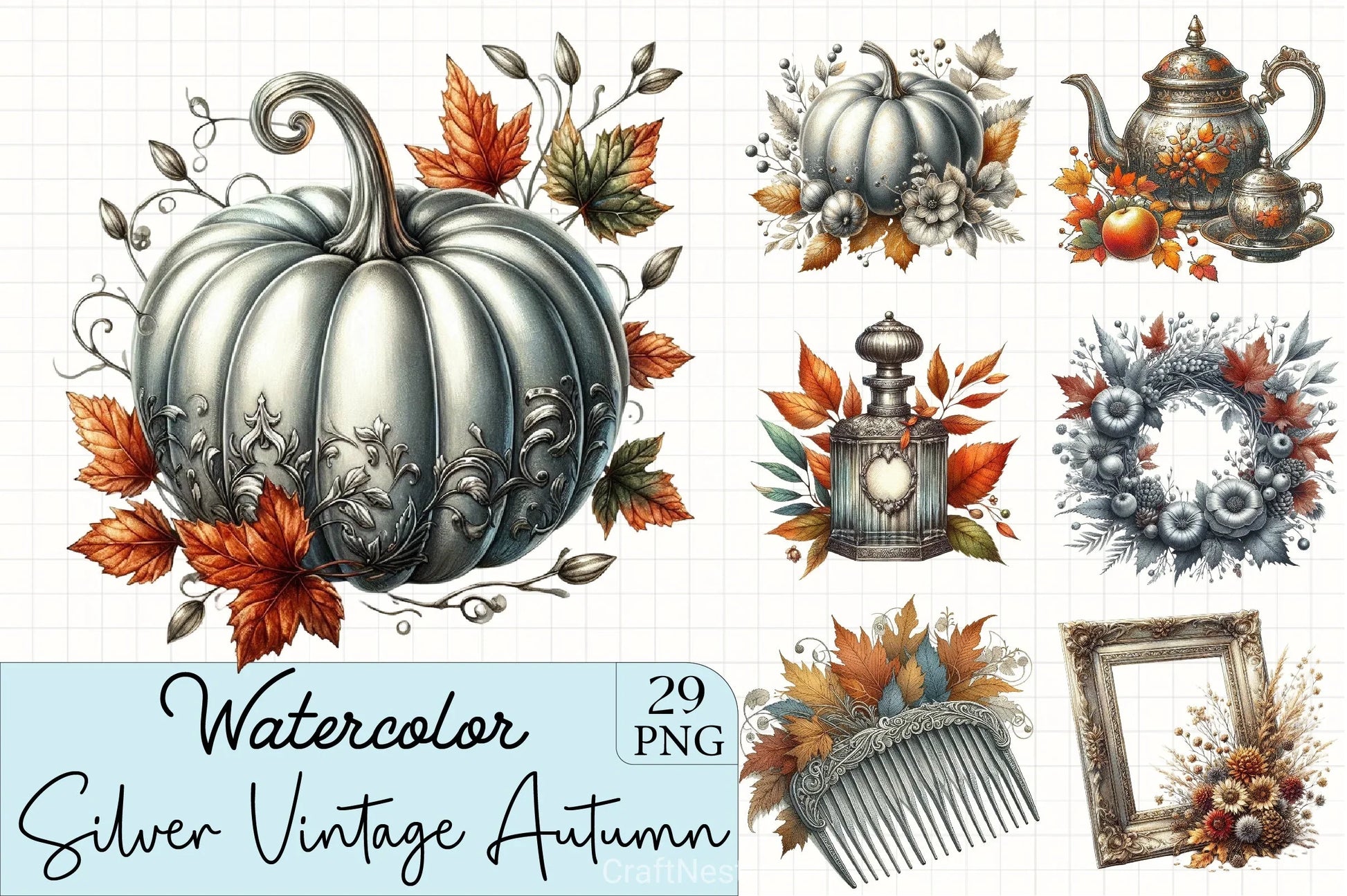 Silver Vintage Autumn Clipart Bundle - CraftNest - Digital Crafting and Art