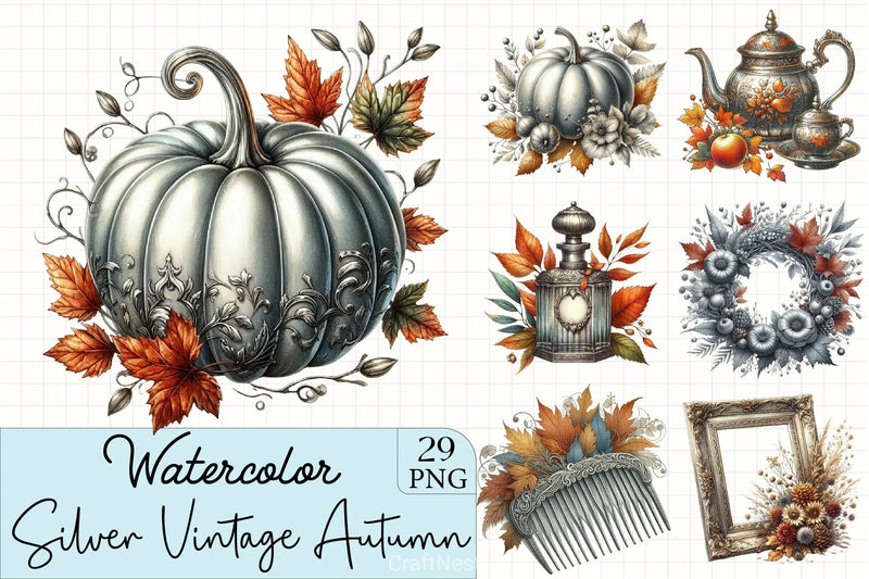 Silver Vintage Autumn Clipart Bundle - CraftNest - Digital Crafting and Art