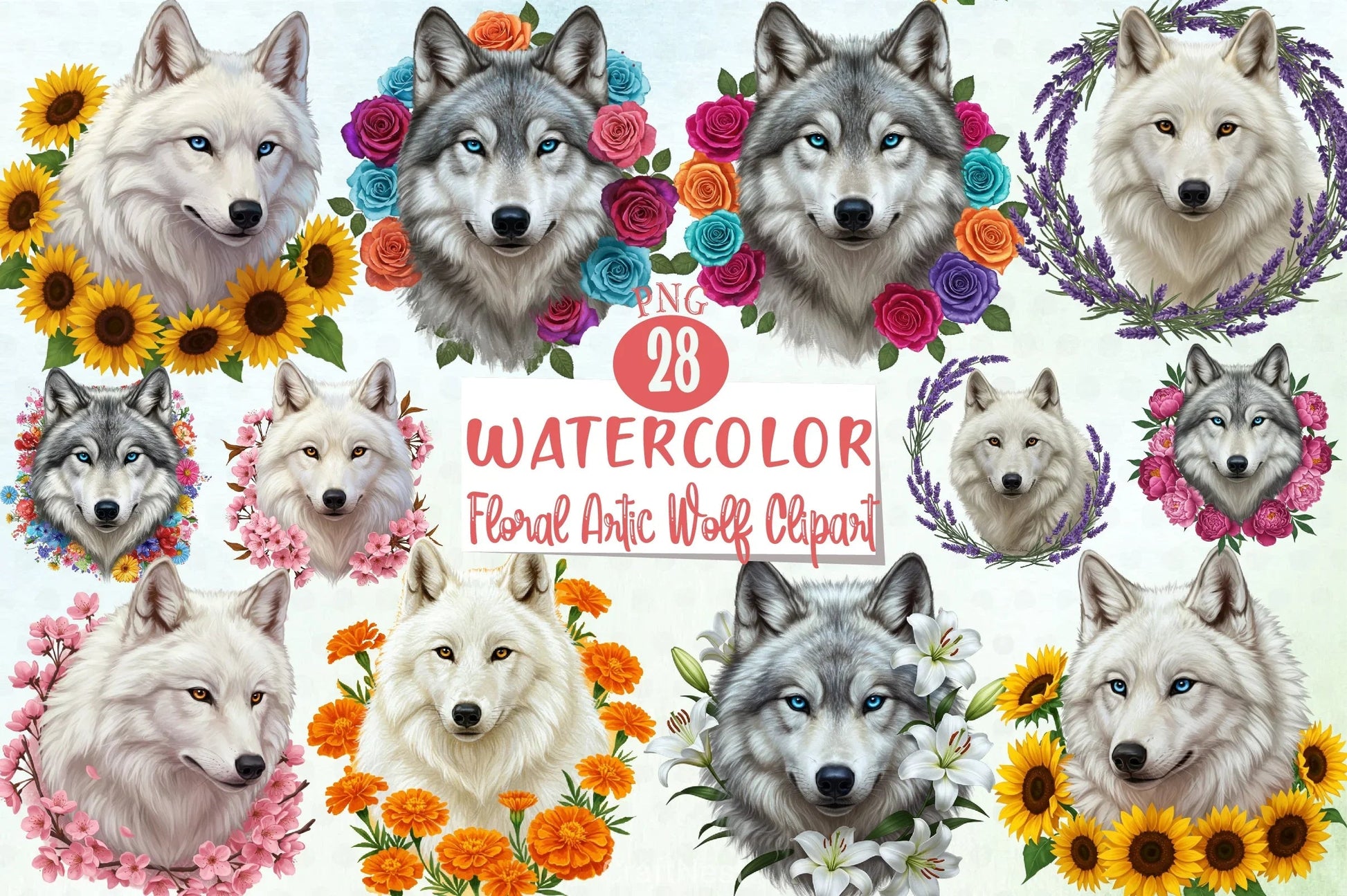 Floral Arctic Wolf Clipart Bundle - CraftNest - Digital Crafting and Art