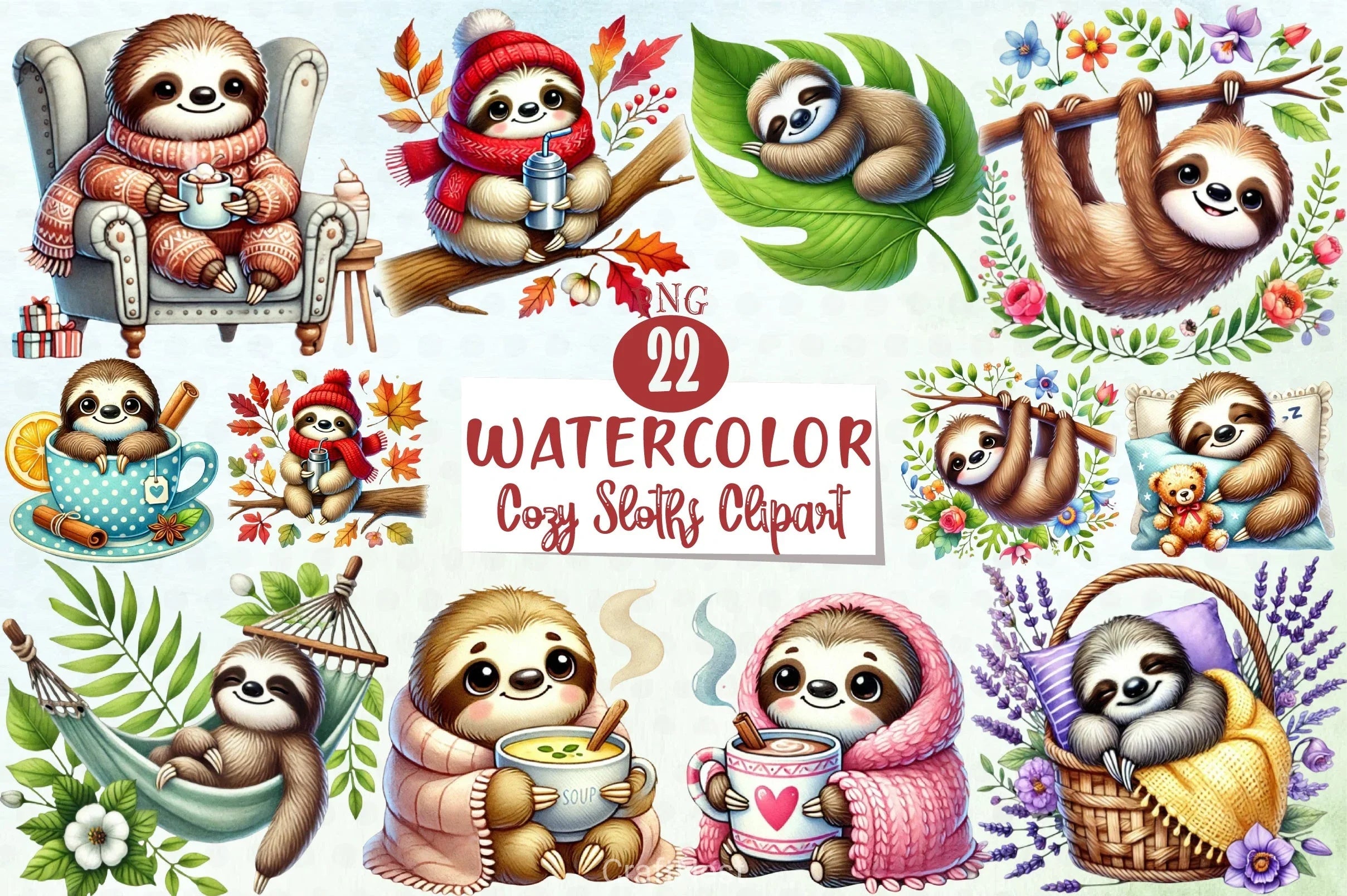Cozy Sloths Clipart Bundle - CraftNest - Digital Crafting and Art