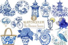 Blue Chinoiserie Summer Clipart Bundle 22 - CraftNest - Digital Crafting and Art
