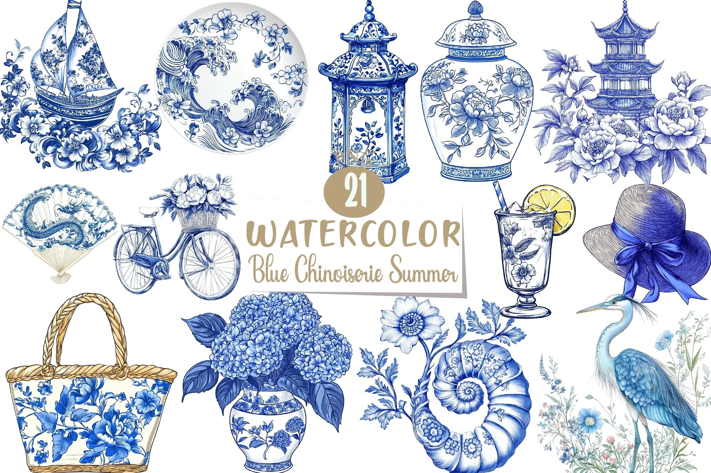 Blue Chinoiserie Summer Clipart Bundle 22 - CraftNest - Digital Crafting and Art