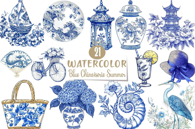 Blue Chinoiserie Summer Clipart Bundle 22 - CraftNest - Digital Crafting and Art