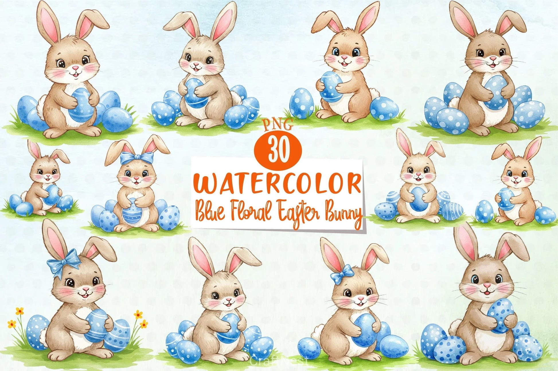 Blue Floral Easter Bunny Clipart Bundle - CraftNest - Digital Crafting and Art