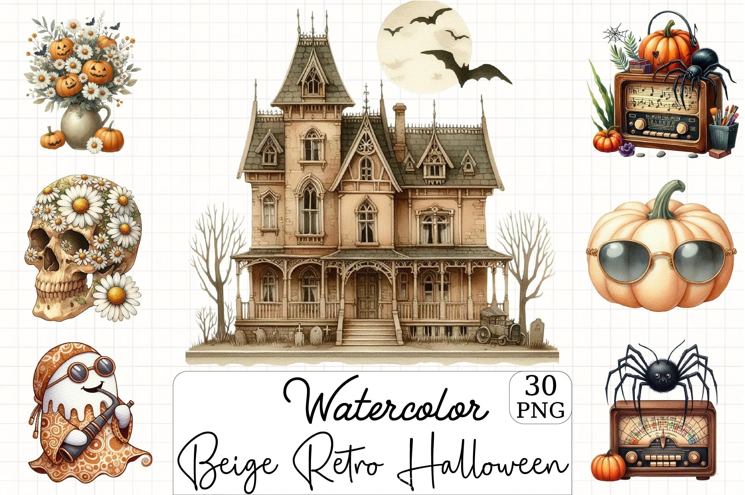 Beige Retro Halloween Clipart Bundle - CraftNest - Digital Crafting and Art