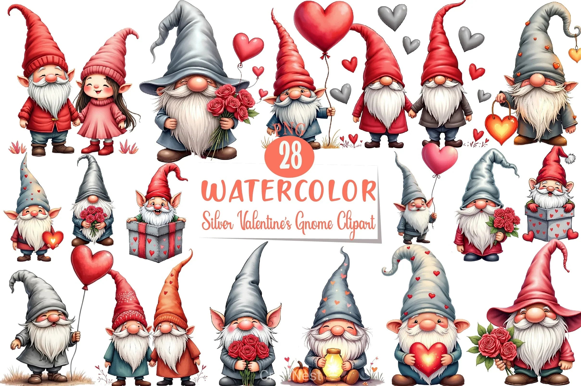 Silver Valentine's Gnome Clipart Bundle - CraftNest - Digital Crafting and Art