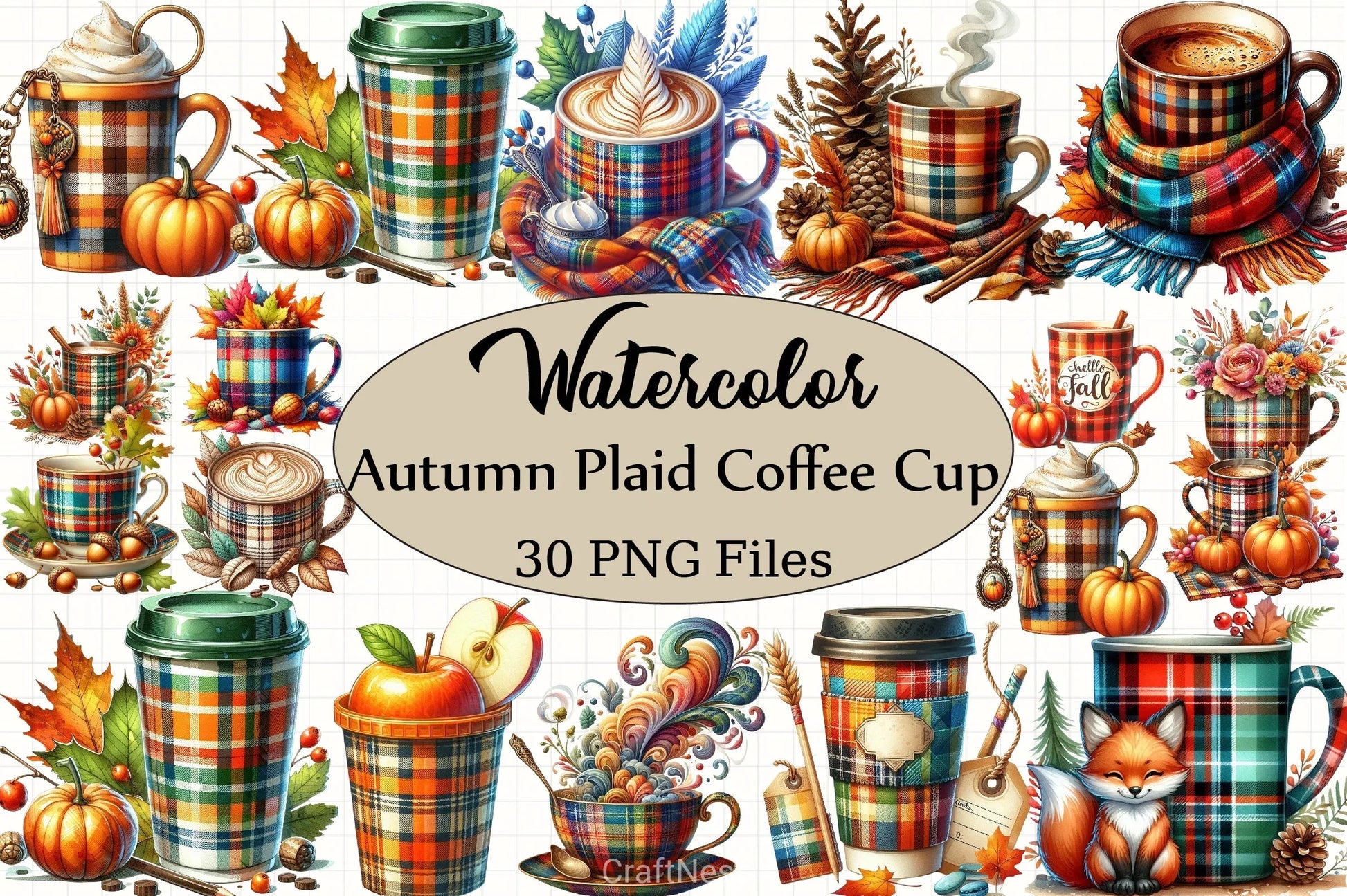 Autumn Plaid Coffee Cup Clipart Bundle - CraftNest - Digital Crafting and Art