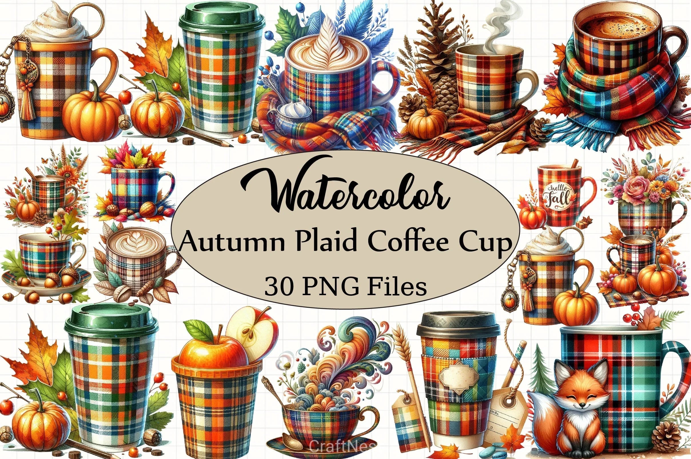 Autumn Plaid Coffee Cup Clipart Bundle - CraftNest - Digital Crafting and Art