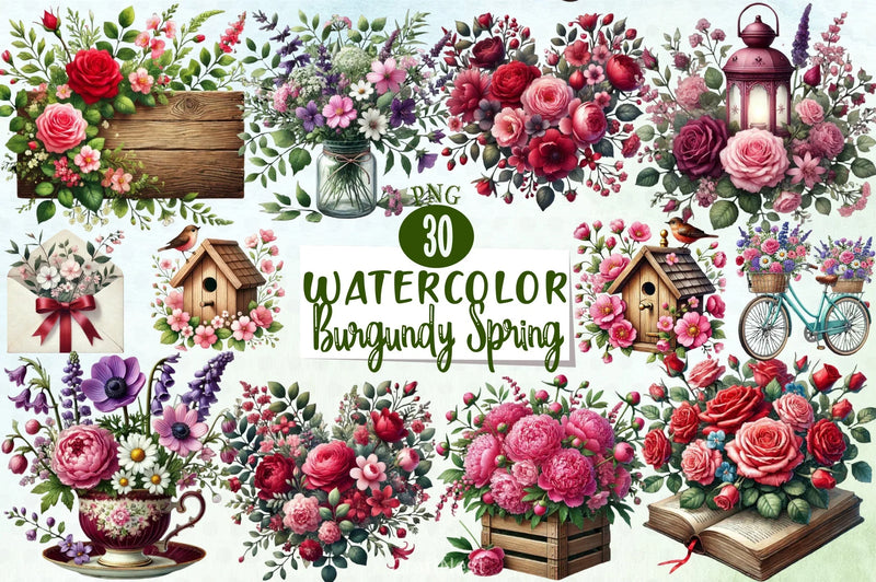 Burgundy Spring Clipart Bundle - CraftNest - Digital Crafting and Art