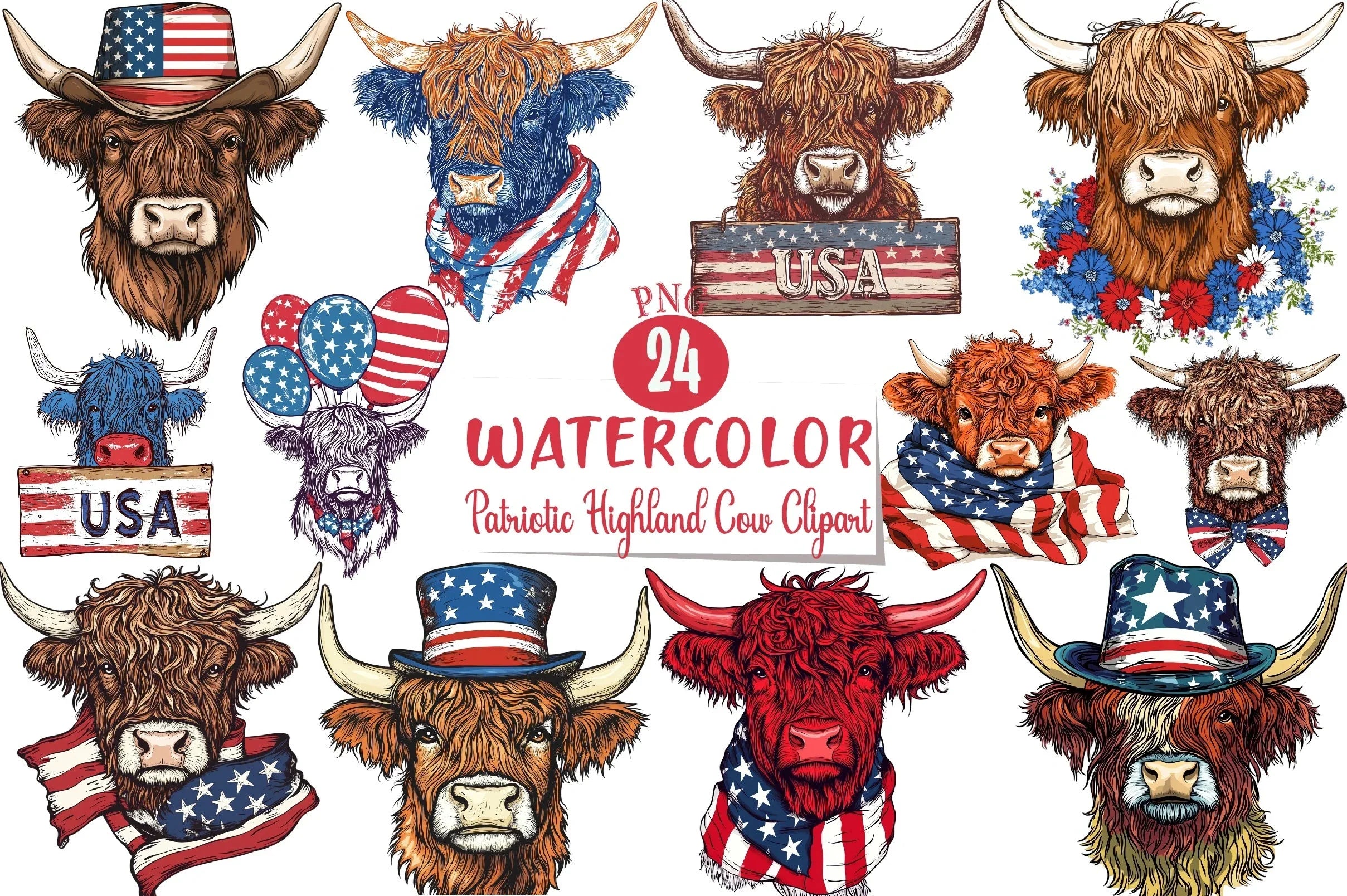 Patriotic Highland Cow Clipart Bundle 7 - CraftNest - Digital Crafting and Art