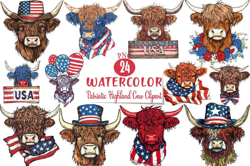 Patriotic Highland Cow Clipart Bundle 7 - CraftNest - Digital Crafting and Art
