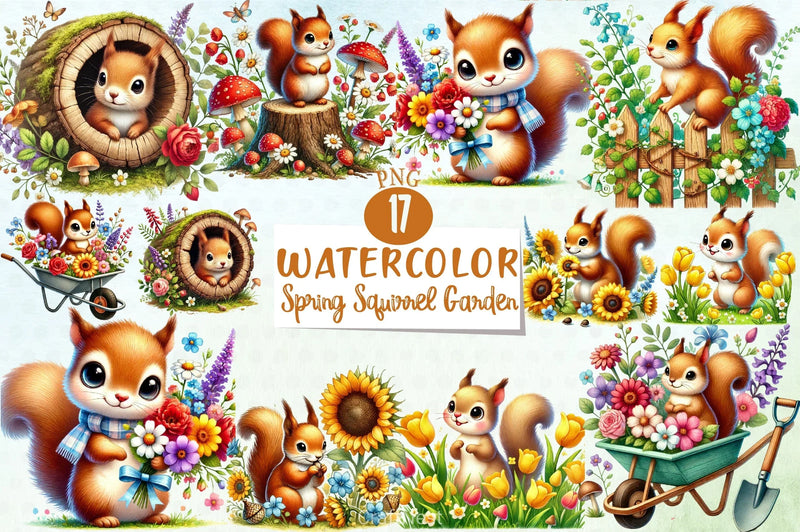Spring Squirrel Garden Clipart Bundle - CraftNest - Digital Crafting and Art
