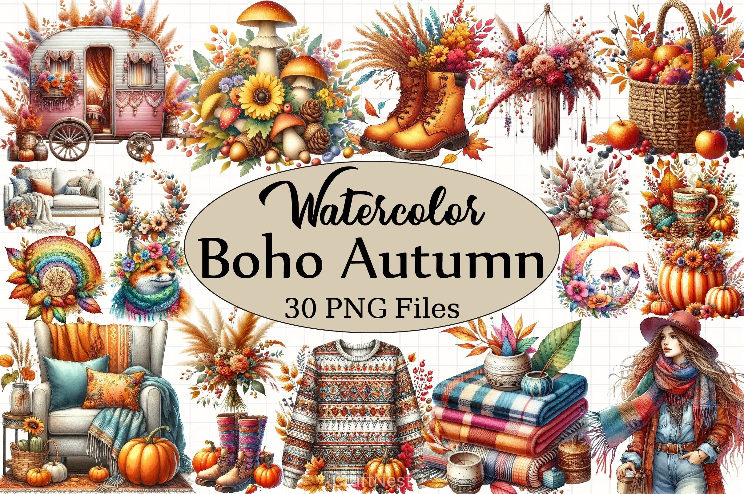 Boho Autumn Clipart Bundle - CraftNest - Digital Crafting and Art