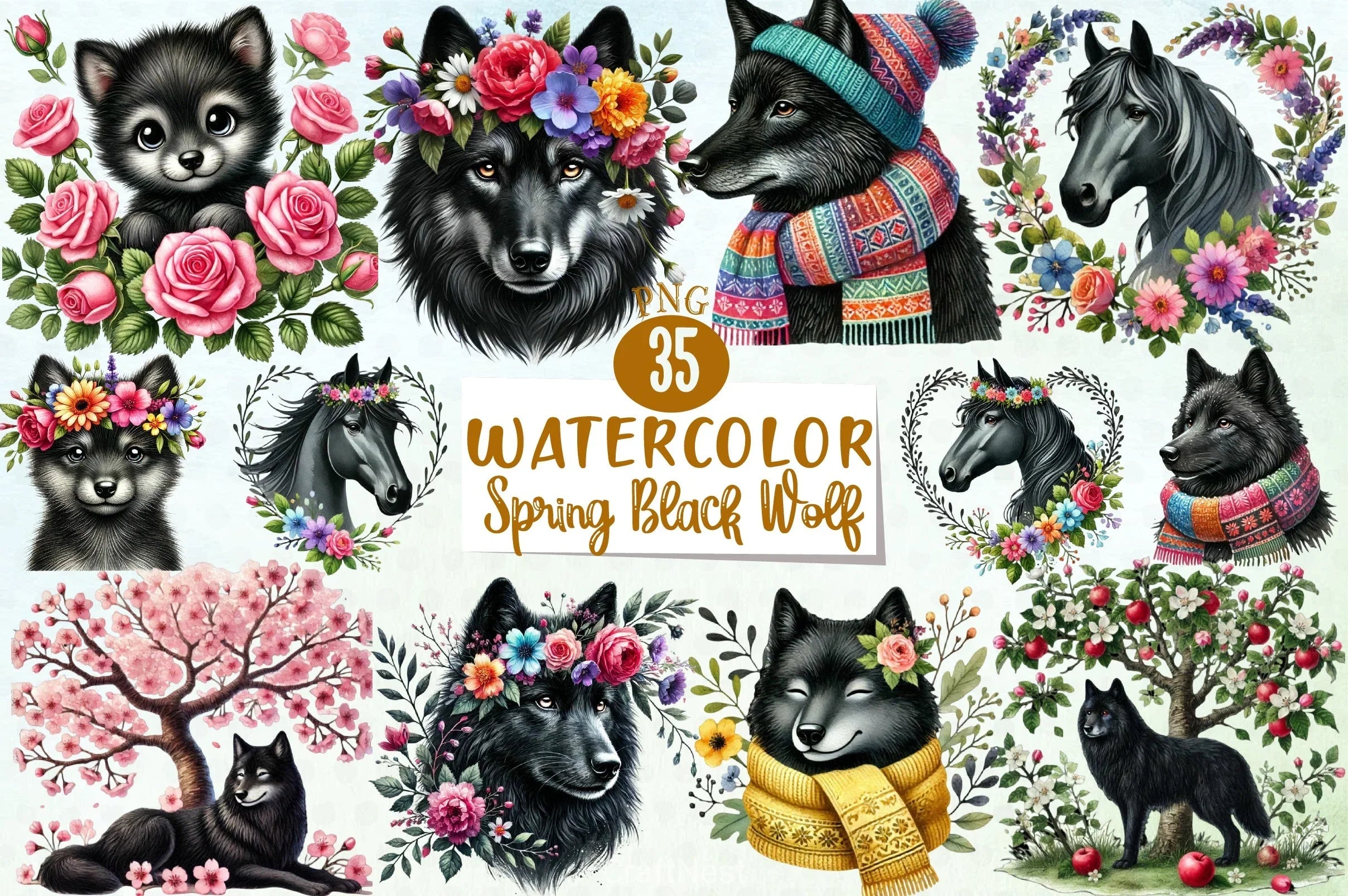 Spring Black Wolf Clipart Bundle 3 - CraftNest - Digital Crafting and Art