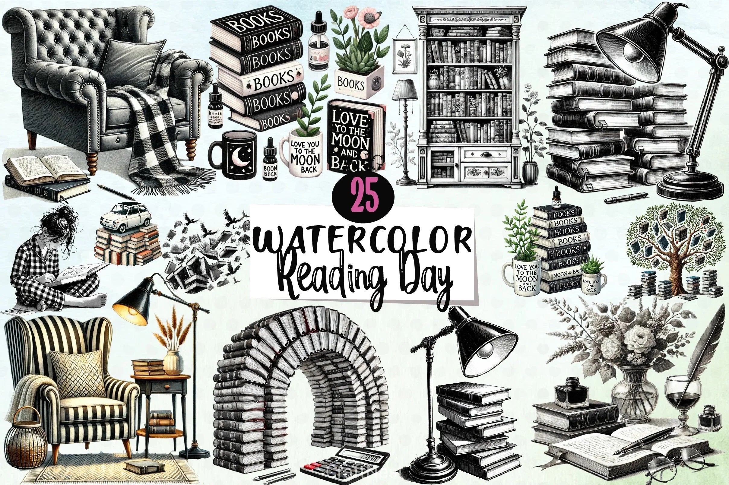 Black & White Reading Day Clipart Bundle - CraftNest - Digital Crafting and Art