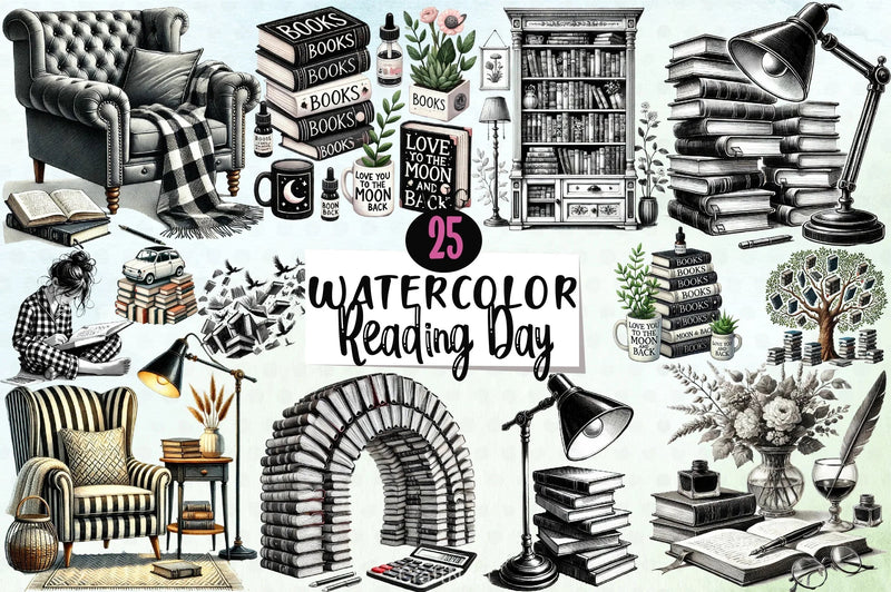 Black & White Reading Day Clipart Bundle - CraftNest - Digital Crafting and Art