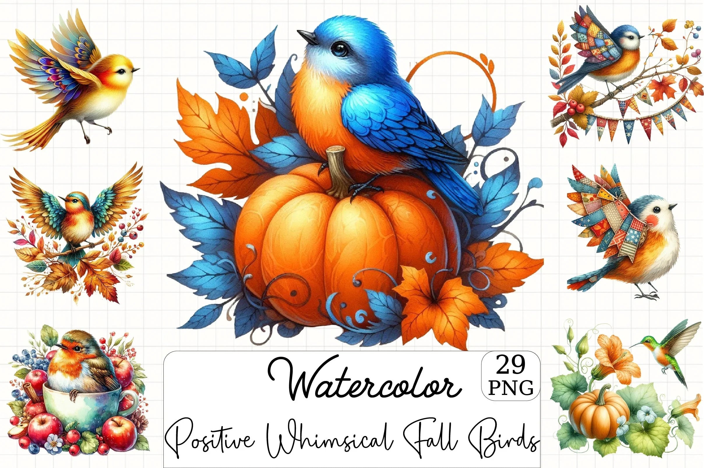 Positive Whimsical Fall Birds Clipart Bundle - CraftNest - Digital Crafting and Art