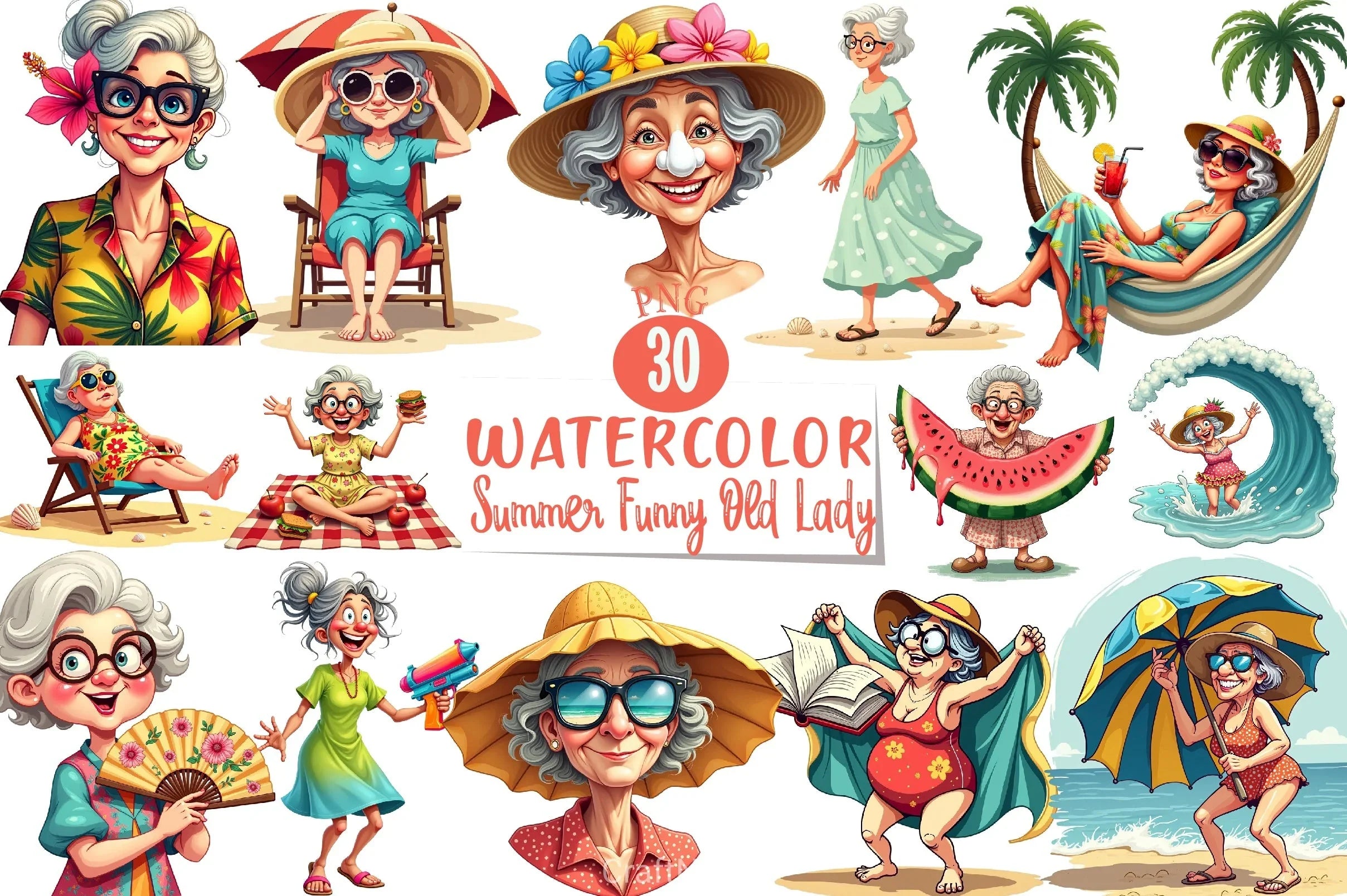 Summer Funny Old Lady Clipart Bundle - CraftNest - Digital Crafting and Art