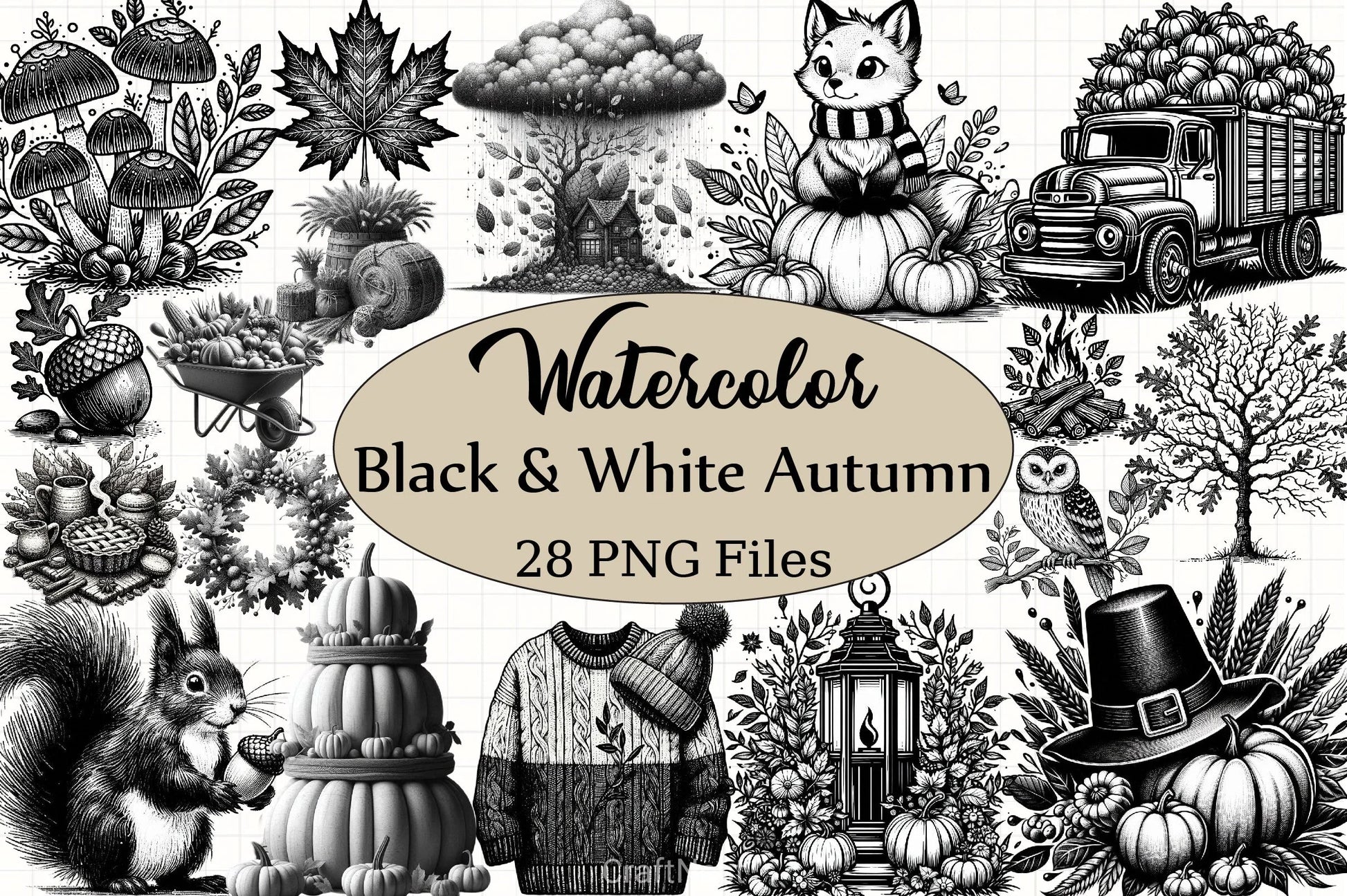 Black & White Autumn Clipart Bundle 5 - CraftNest - Digital Crafting and Art